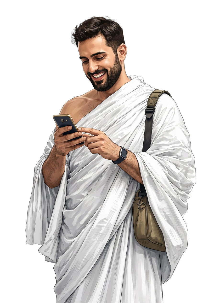 A pilgrim in ihram using the Sahlan app